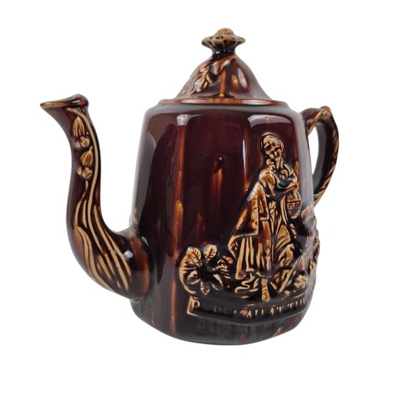 Vintage Rockingham Style Rebekah At The Well Coffee Tea Pitcher Brown Drip Glaze - Picture 9 of 10